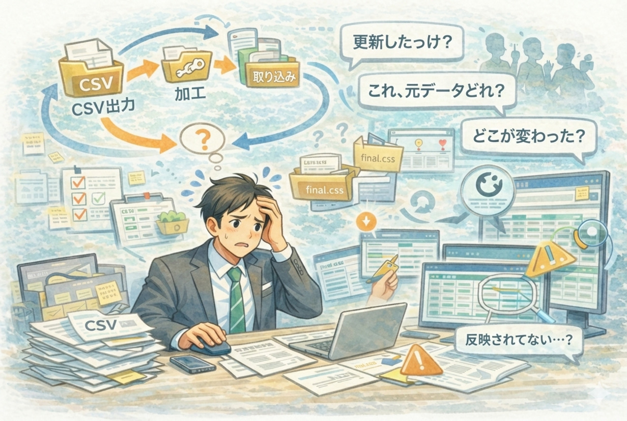 （改善前）CSV出力や取込の手作業が繰り返されるイメージ