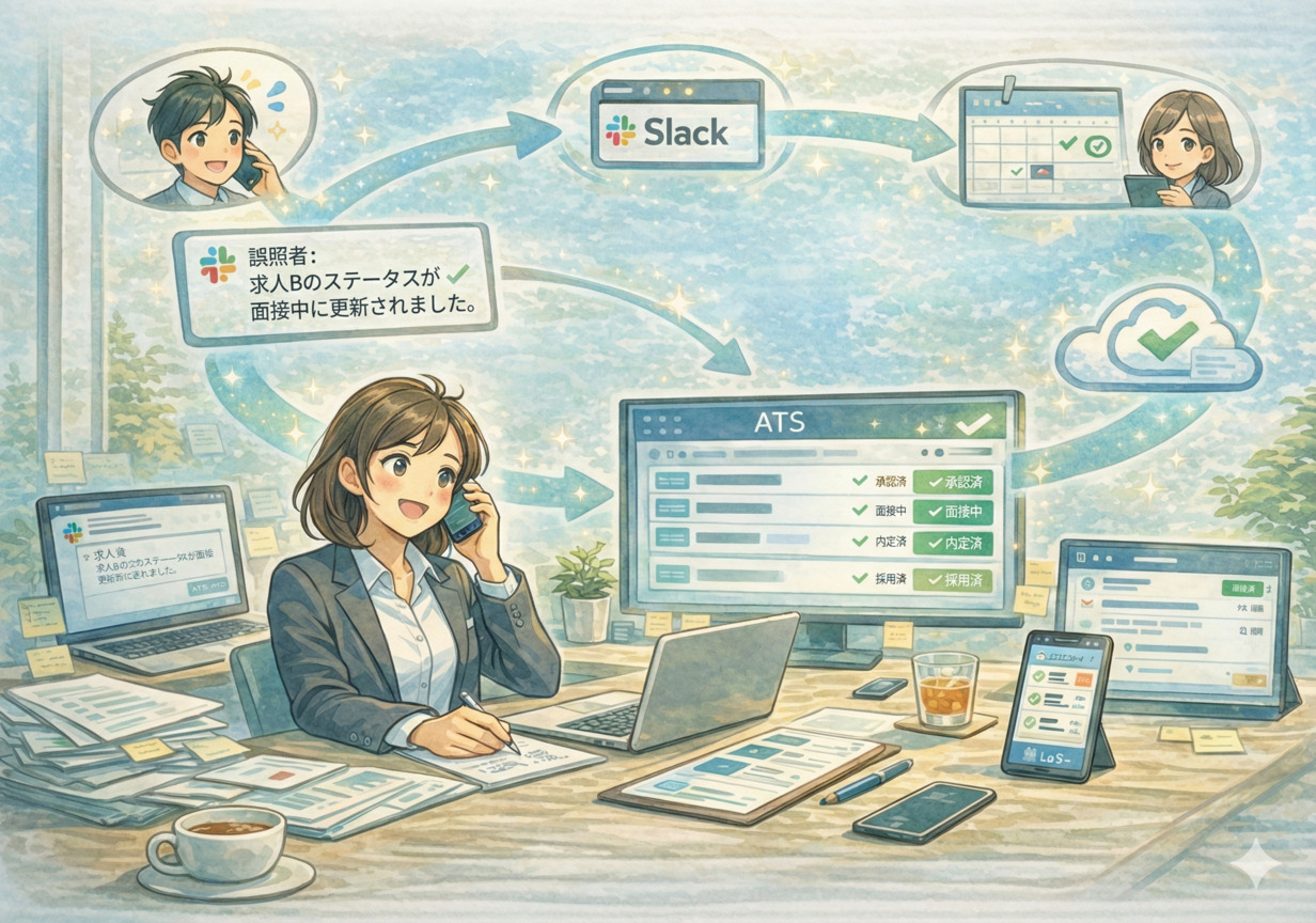 （改善後）現場の動きがそのまま流れ、共有作業が消えるイメージ