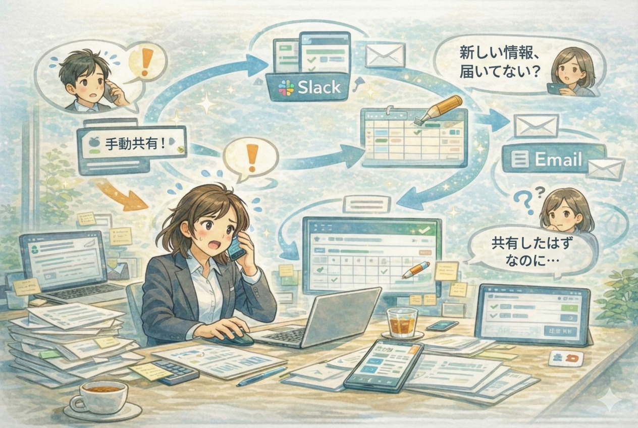 （改善前）共有作業が多く、人がハブになるイメージ