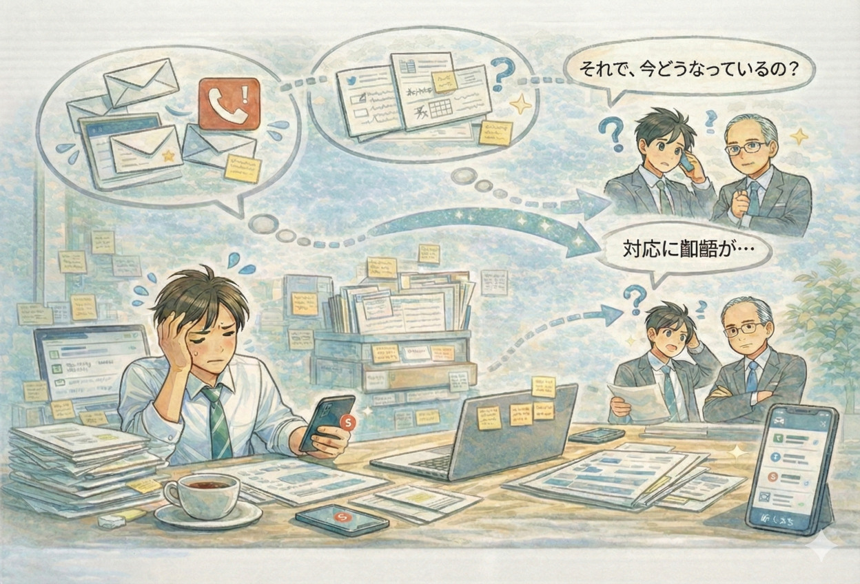 （改善前）引き継ぎで情報が抜け、対応品質が落ちるイメージ